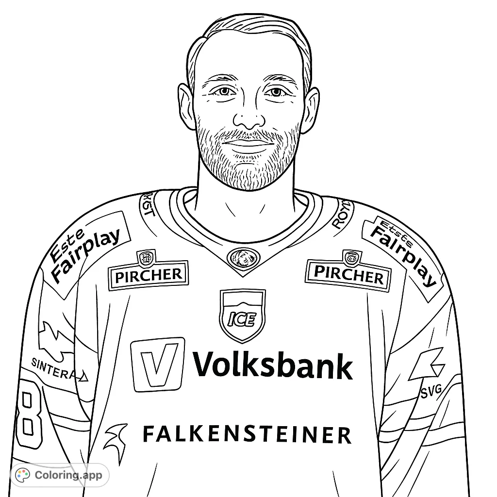 A detailed coloring page featuring an ice hockey player in a logo-laden jersey, perfect for sports enthusiasts to personalize with team colors.