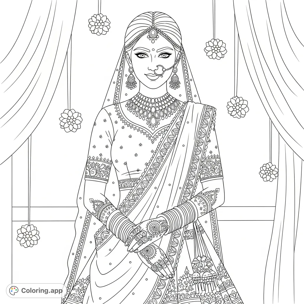 An elegant bride in a lavish, intricately embroidered lehenga, adorned with heavy jewellery, bangles, and detailed henna patterns, set against a subtle celebratory backdrop.