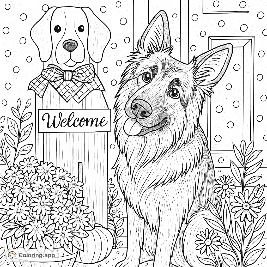 A whimsical autumn welcome scene featuring a friendly long-haired dog and a charming wooden cutout dog with a 'Welcome' sign, surrounded by playful polka dots and blooming plants.