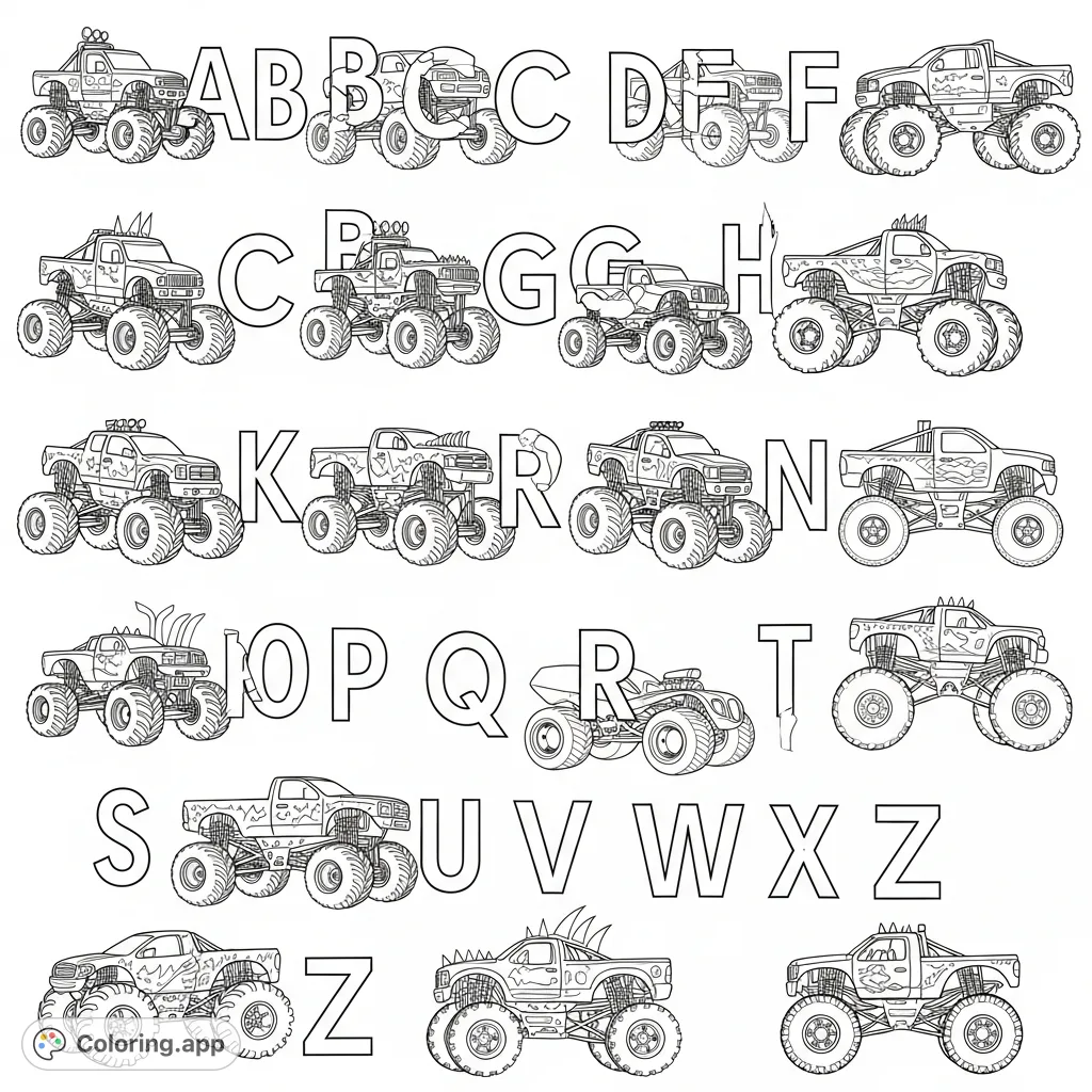 An exciting ABC coloring page featuring 26 bold uppercase letters, each paired with a unique, action-packed monster truck. Perfect for vehicle enthusiasts!