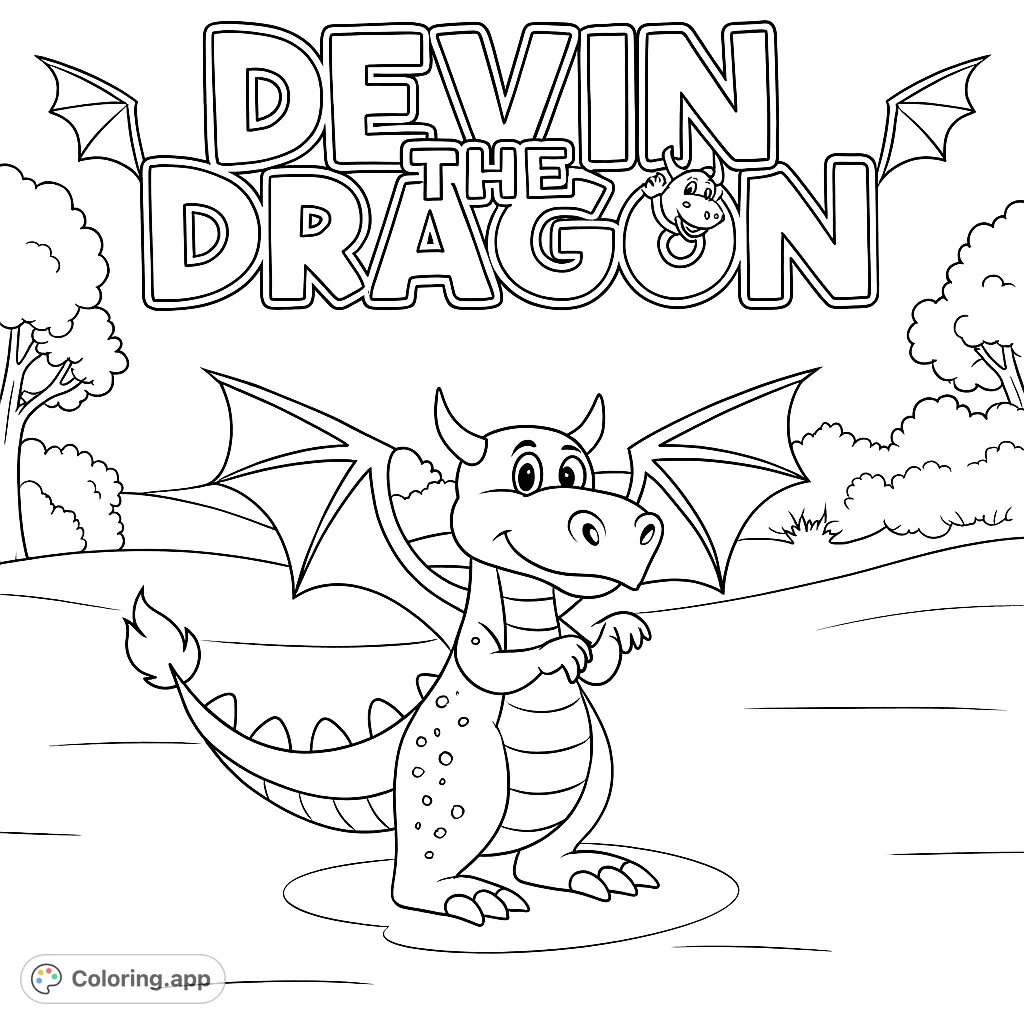 Unleash your creativity with this friendly dragon coloring page! Featuring a cheerful cartoon dragon, rolling hills, and a fun title.