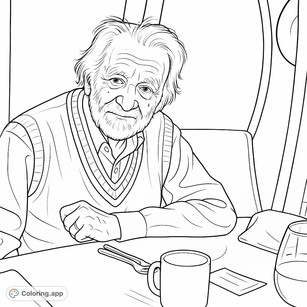 Capture the dignified presence of an elderly man with a textured beard and thoughtful expression, seated at a table with everyday items.