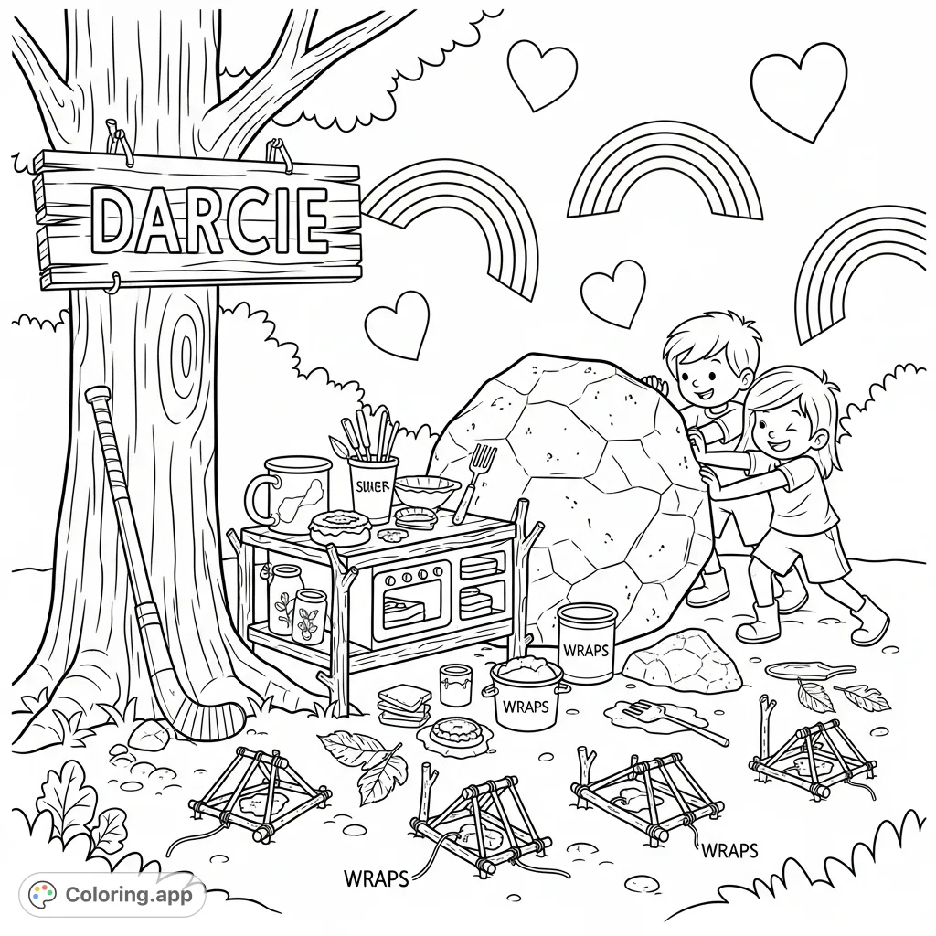 A delightful DARCIE coloring page featuring kids pushing a rock, a detailed mud kitchen, creative traps for 'wraps', and playful hearts and rainbows.