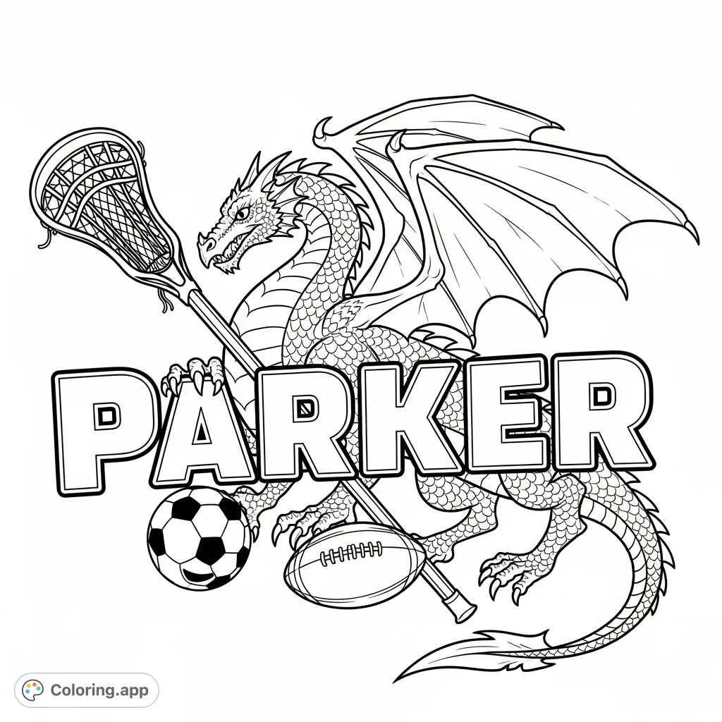 Personalized "PARKER" coloring page featuring bold letters, a lacrosse stick, soccer ball, rugby ball, and a magnificent dragon. Perfect for sports fans and fantasy lovers!