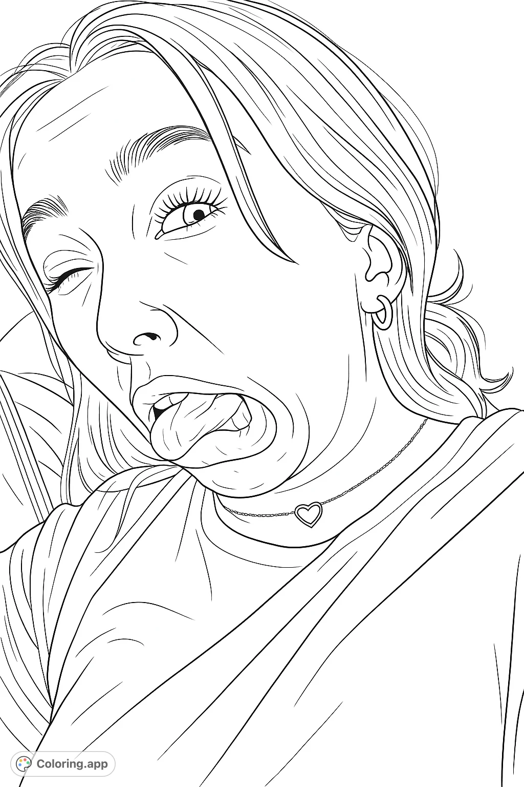 Express yourself with this fun coloring page featuring a person making a silly winking face with their tongue out. A playful portrait perfect for creative fun!