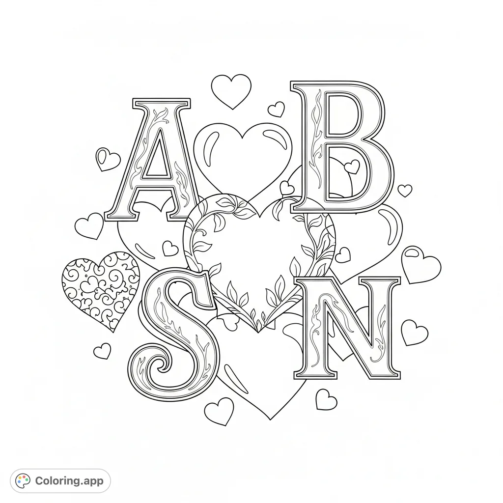 Discover a beautiful letters with hearts coloring page, perfect for all ages. Features elegant capital letters intertwined with various heart designs and patterns.