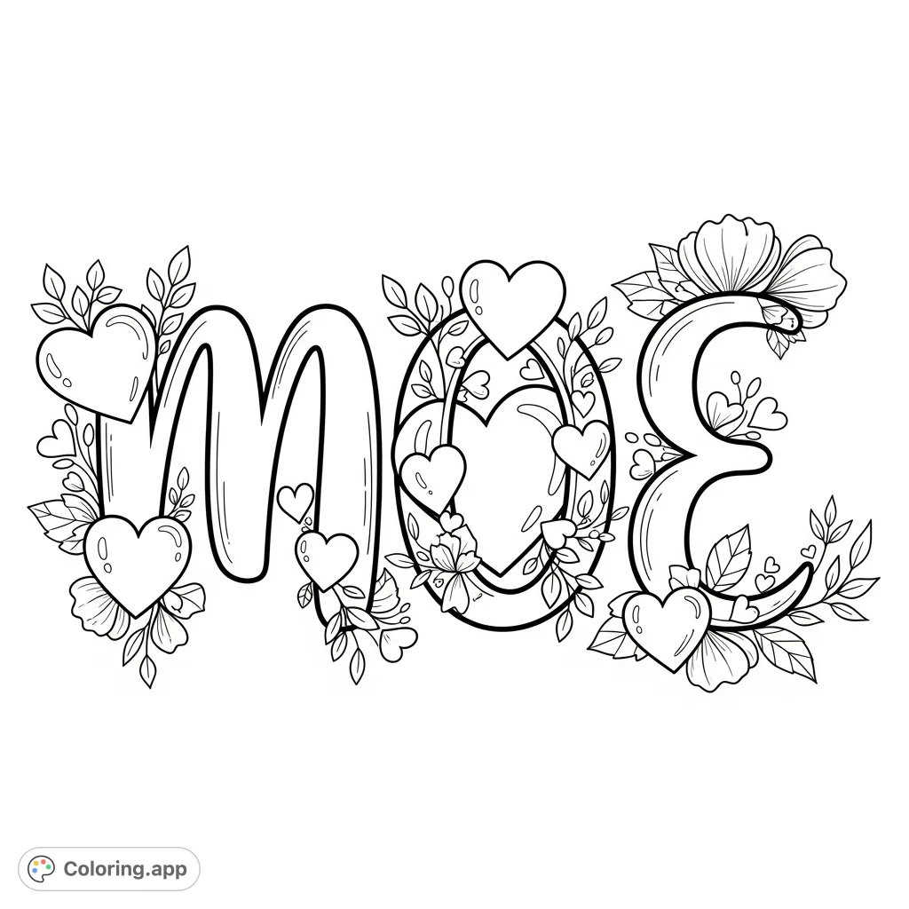 A delightful lettering coloring page featuring "MOE" adorned with whimsical hearts and intricate floral patterns, perfect for personalization and creative expression.
