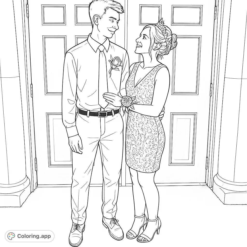 Capture the elegance of a special formal occasion with this detailed coloring page featuring a young couple ready for their memorable night.