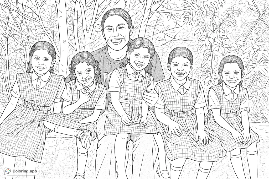 A joyful group portrait of smiling children in plaid school uniforms with an adult, set against a leafy outdoor backdrop, perfect for creative coloring.