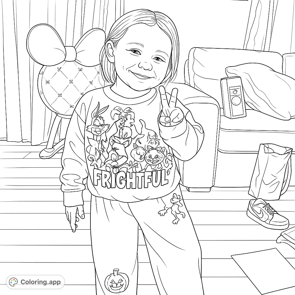 Capture the spirit of Halloween with this Disney-themed coloring page featuring a happy child and beloved characters in festive costumes. Perfect for seasonal fun!