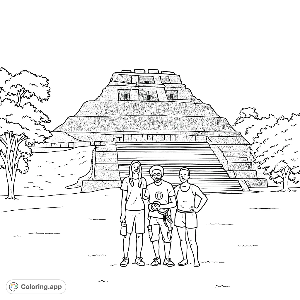 Explore an ancient Mayan pyramid coloring page. Features majestic architecture, lush landscape, and people observing the historic site.