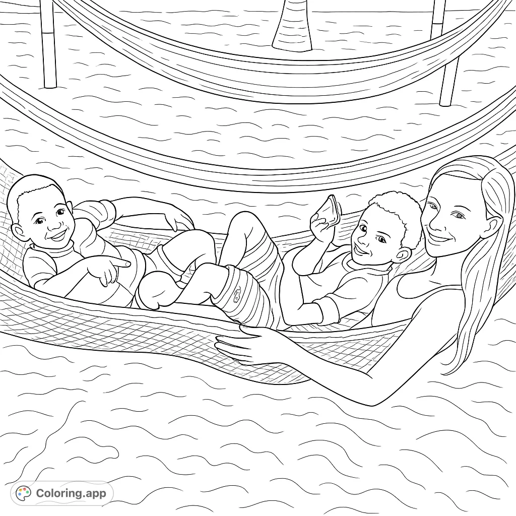 Relax with this beach hammock coloring page featuring a young woman and two cheerful children enjoying a peaceful moment on the sand.