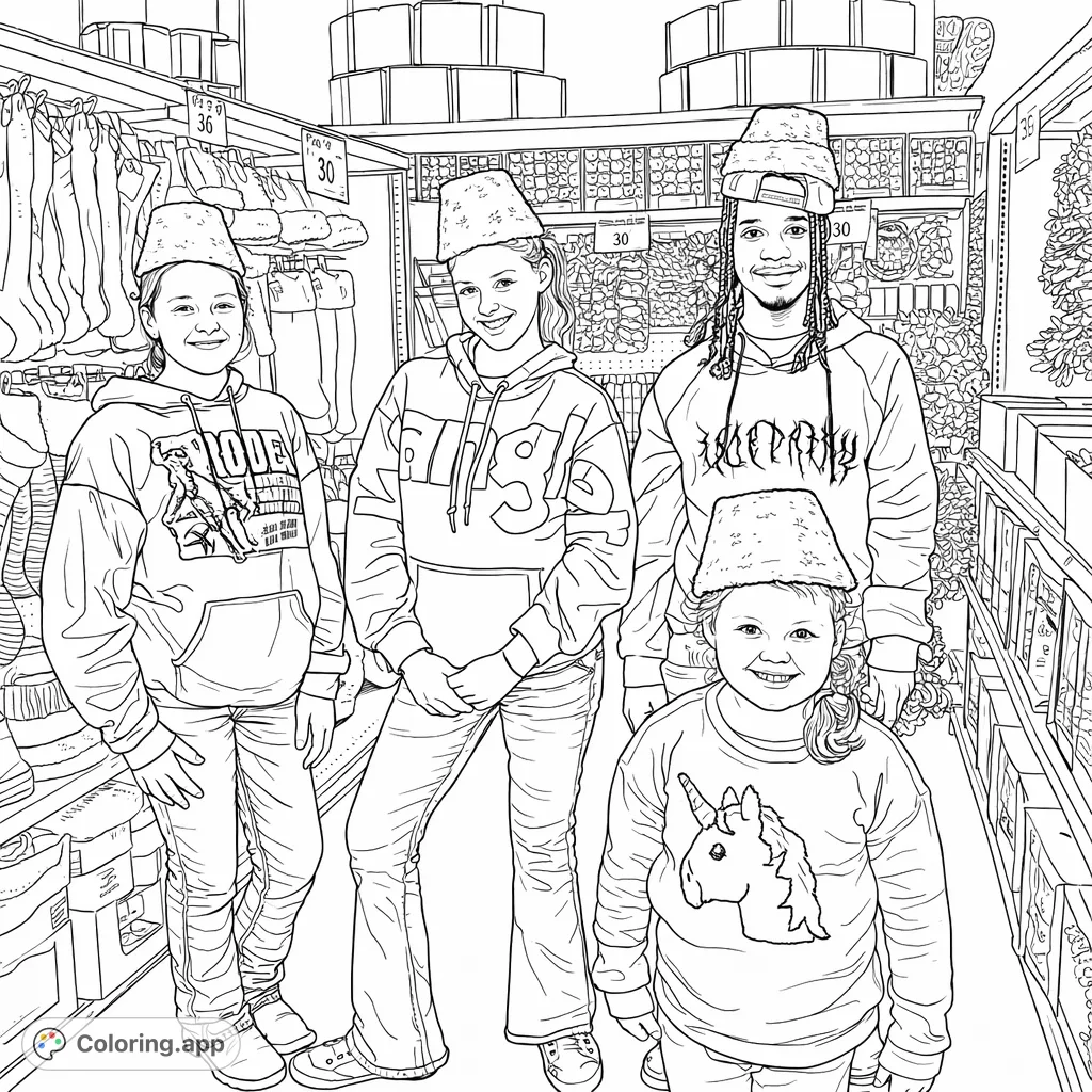 A playful group of friends and a young child in a festive store aisle, wearing unique hats and surrounded by holiday decorations.