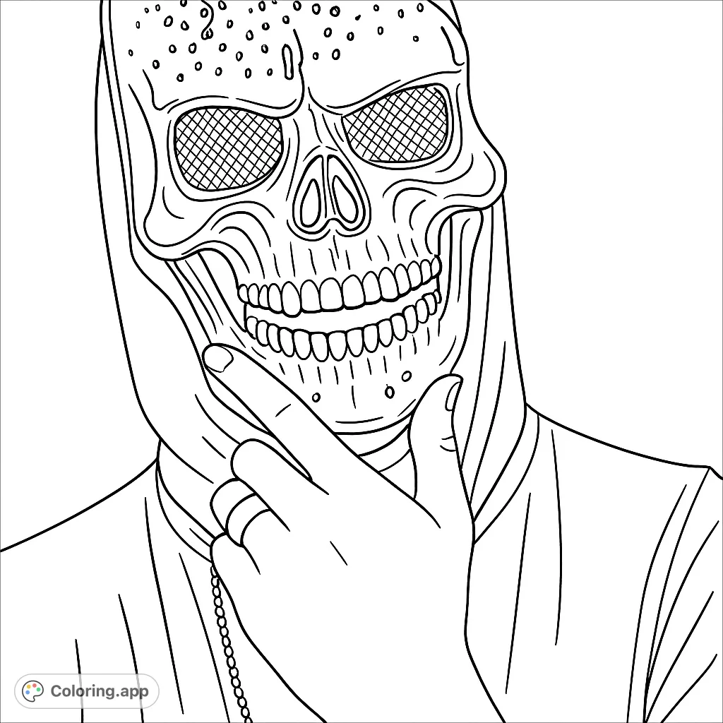 Color a dramatic skull mask, intricately detailed with reflective patterns, as a hand thoughtfully touches its jaw. A mysterious and creative coloring experience.