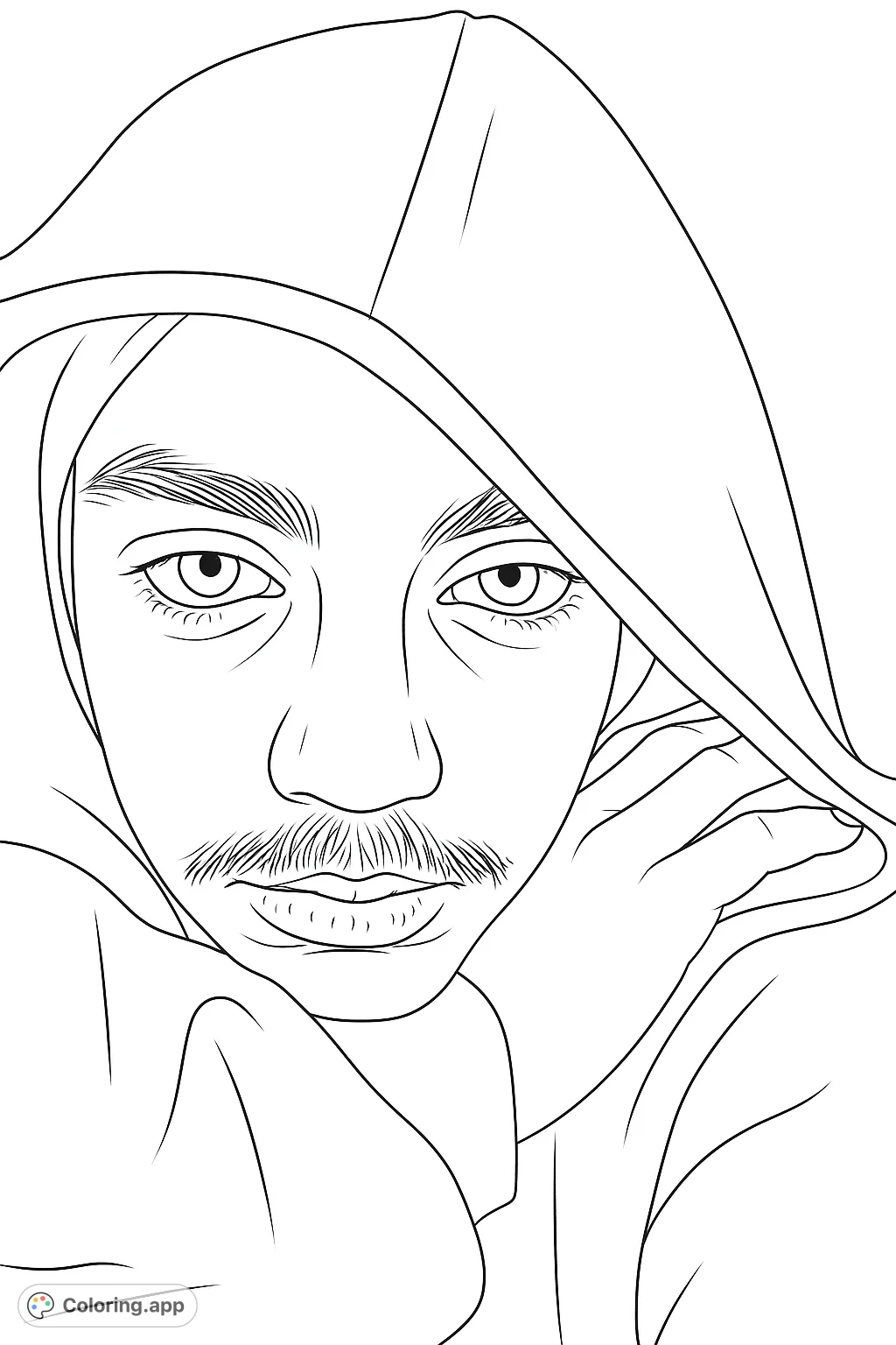 A contemplative hooded figure portrait coloring page. Explore deep shadows and subtle textures while bringing this introspective scene to life.