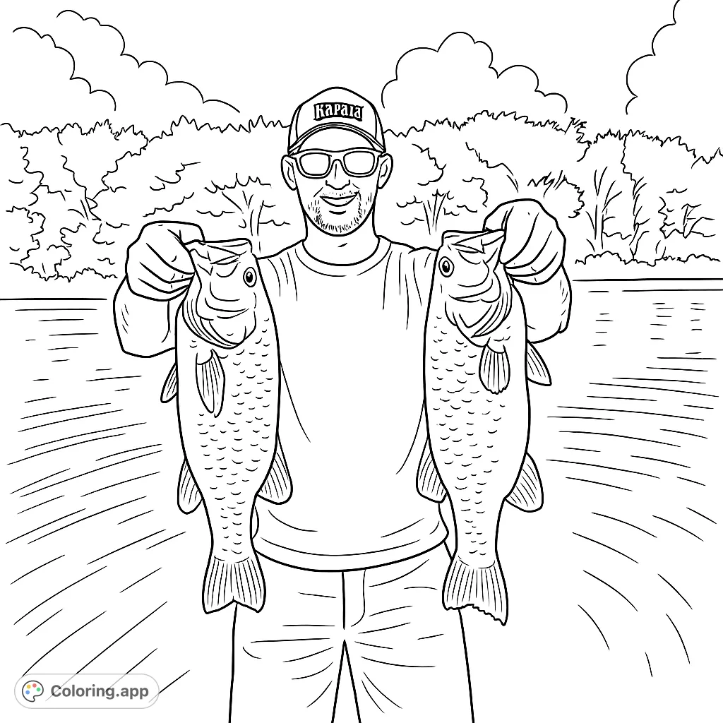 Celebrate a successful fishing trip with this detailed coloring page featuring an angler proudly displaying two large fish against a scenic lake and tree background.