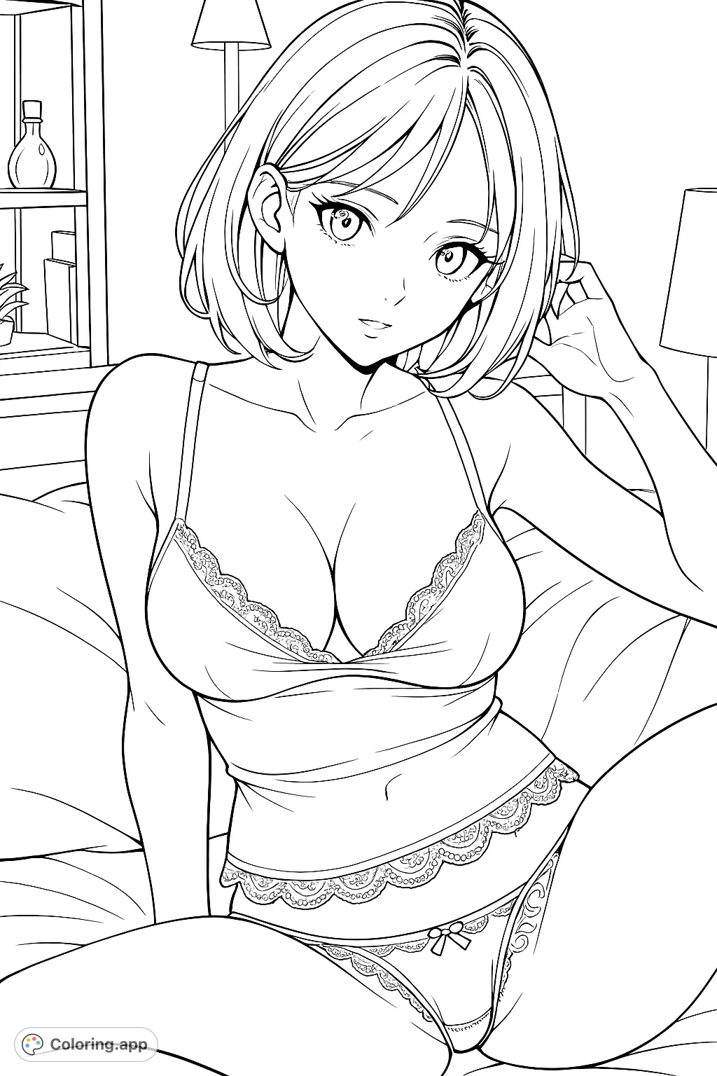 A captivating anime girl in delicate lace loungewear, relaxing in a soft, intimate setting. Perfect for adult coloring page enthusiasts.