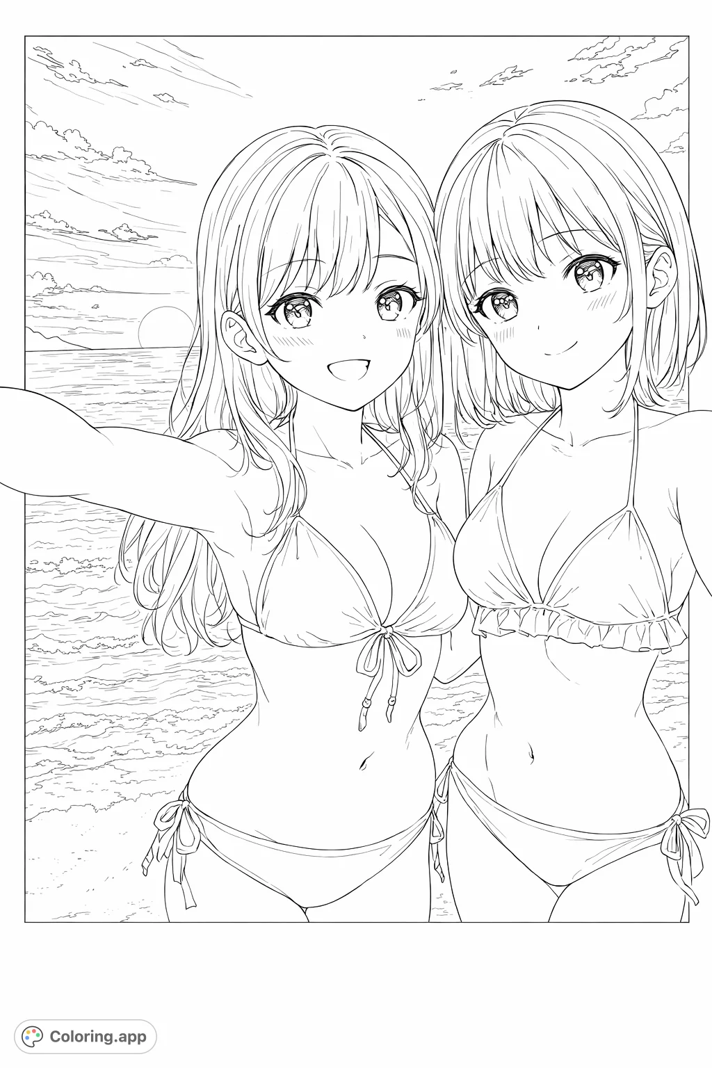 Two friends enjoy a joyful beach day, captured in a delightful pose by the ocean with waves and a beautiful sky. Perfect for a relaxing coloring experience.