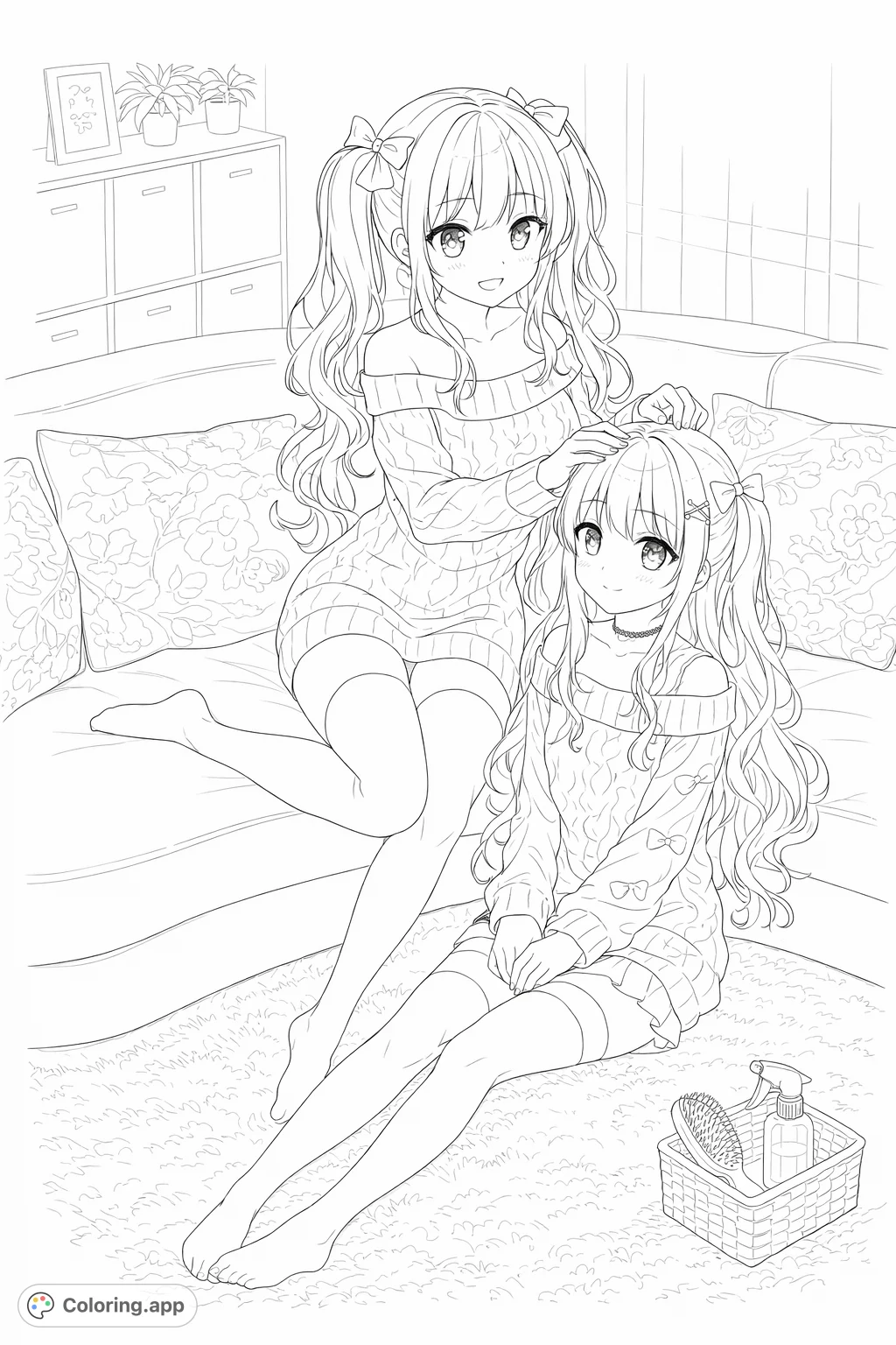 Enjoy coloring two charming anime-style girls in a cozy indoor setting, sharing a sweet moment. Featuring textured sweaters, bows, and patterned cushions.
