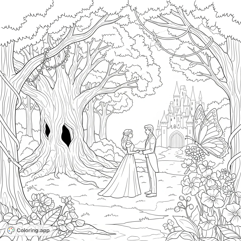 Celebrate romance and nature with this enchanting forest wedding coloring page, featuring a couple, a majestic tree, lush foliage, and a distant castle.