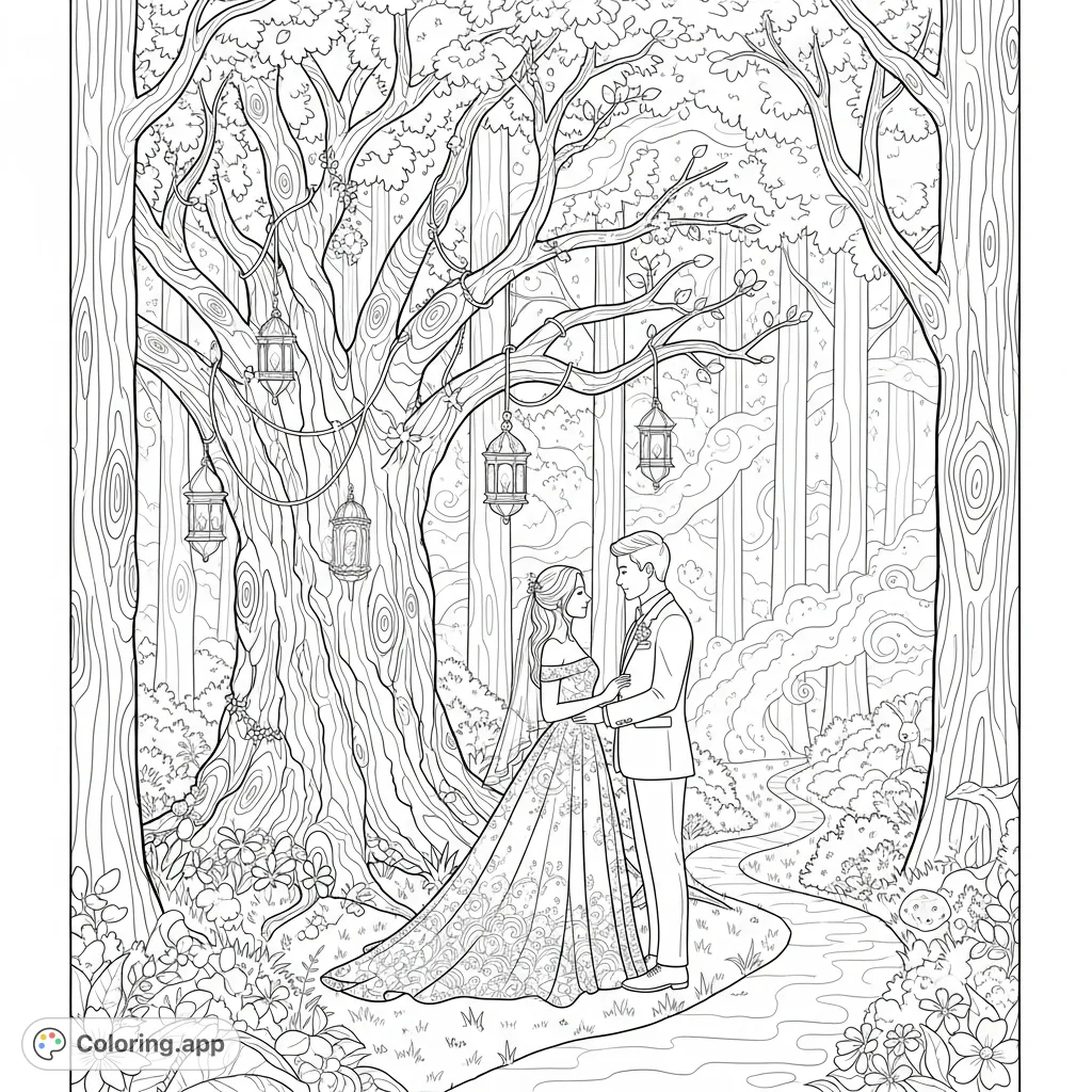 Discover an enchanted forest wedding coloring page featuring a couple beneath a gnarled tree, surrounded by glowing flora, mist, and woodland creatures.