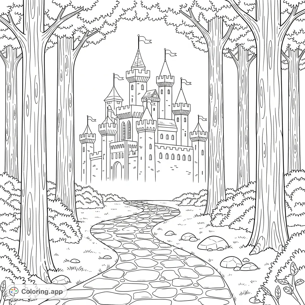 Explore a grand, multi-towered castle awaiting beyond a winding path through a dense, textured forest. This enchanting scene offers imaginative coloring fun.