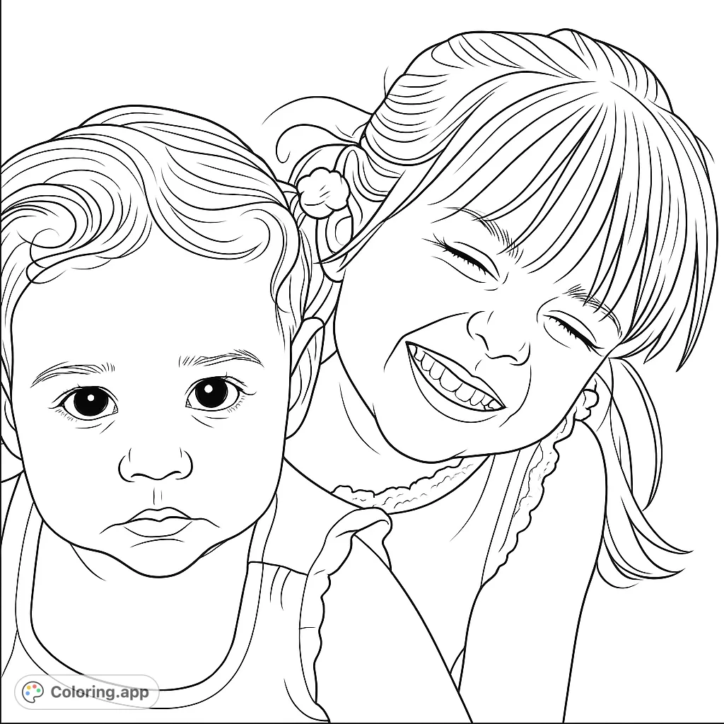 Capture the heartwarming bond of two siblings in this sweet portrait coloring page. A joyful older child embraces a curious younger one, perfect for creative expression.