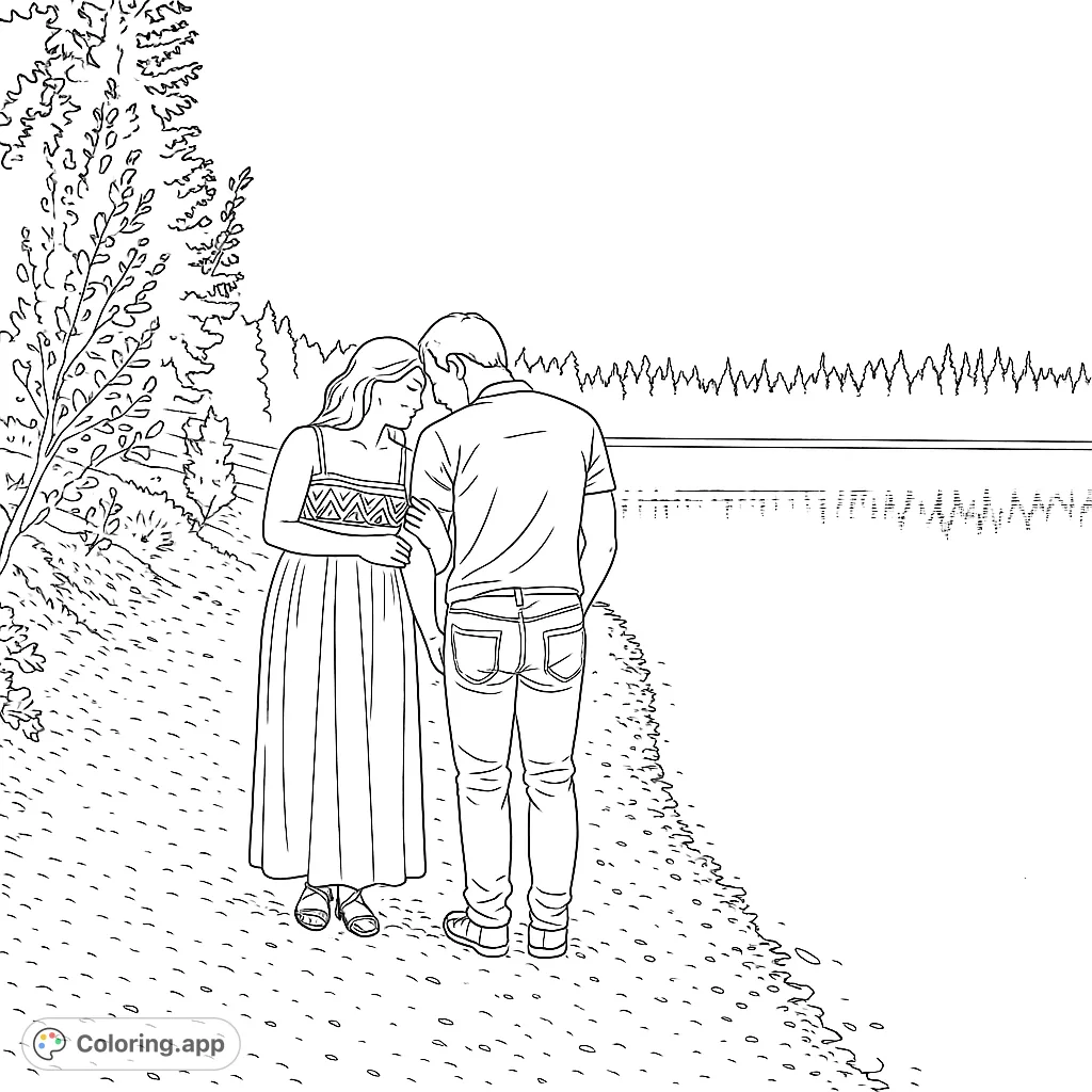Capture a tender, intimate moment with this romantic couple coloring page. A serene lakeside scene with unique patterns and textures awaits your artistic touch.