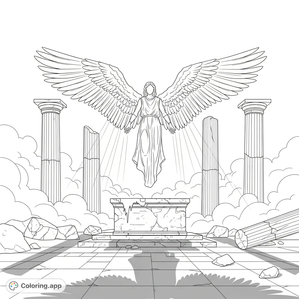 A majestic angel with colossal feathered wings hovers over a weathered stone altar amidst the desolate ruins of a forgotten temple, shrouded in fog.