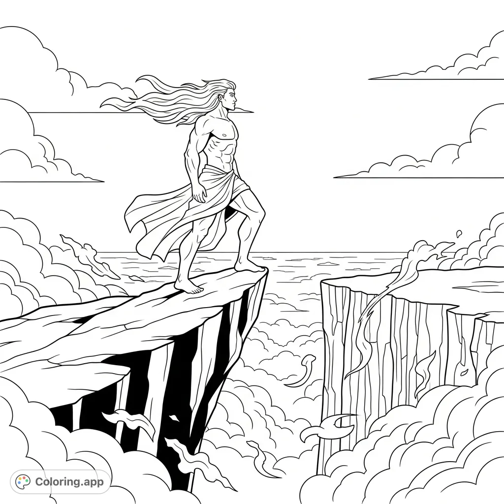 A powerful male angel stands dramatically on a jagged rock, overlooking a swirling sea of mist and clouds. A detailed fantasy scene for inspiring creativity.