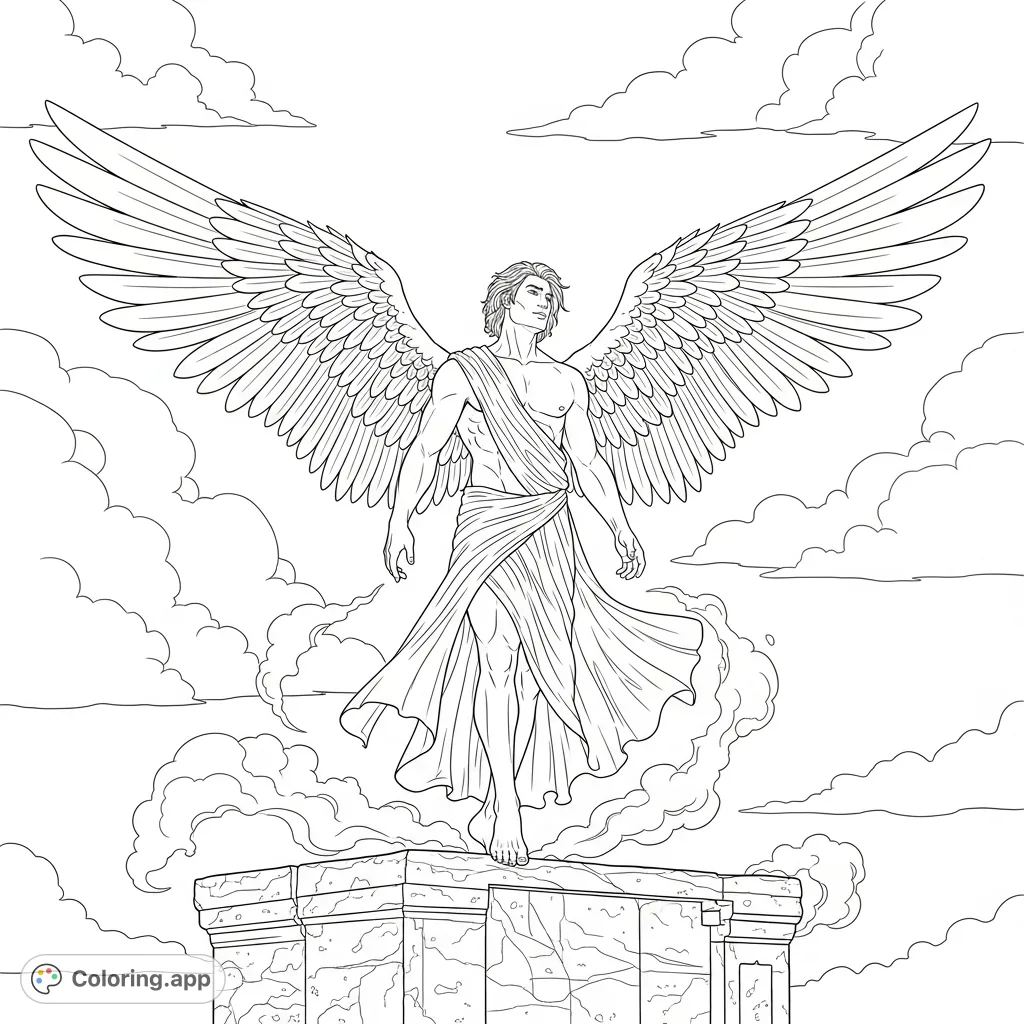 A powerful male angel with enormous feathered wings stands majestically on an ancient stone altar, mist swirling around him. An inspiring scene for creativity.