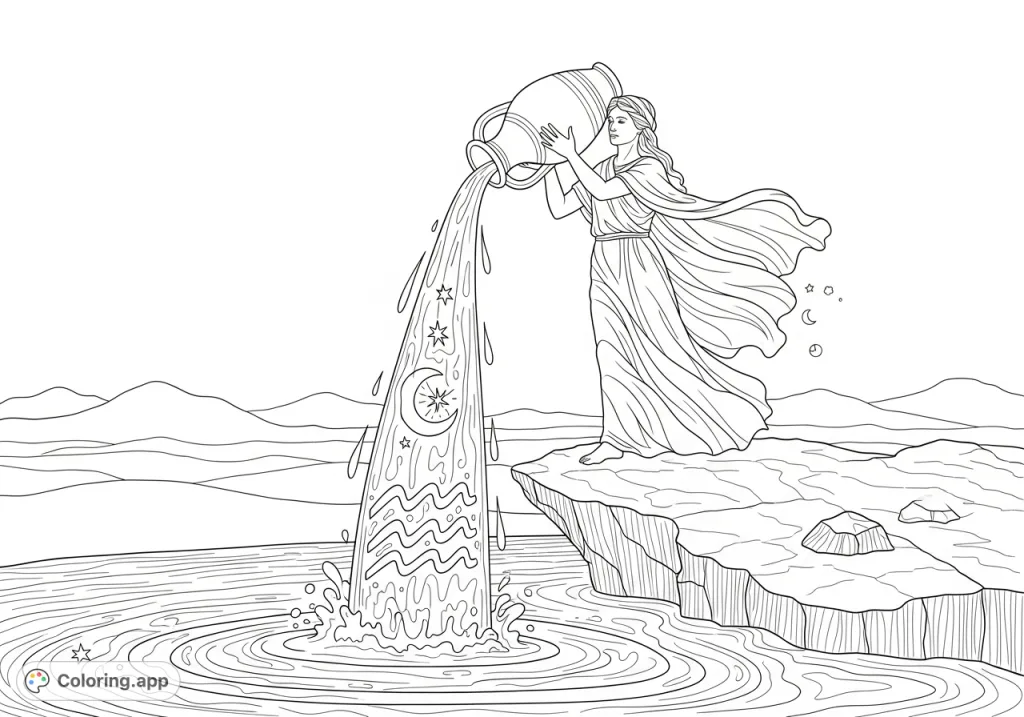 A serene water bearer figure pours water with a subtle Aquarius symbol into a rippling stream, set against a vast landscape of rocky outcrops and distant hills.