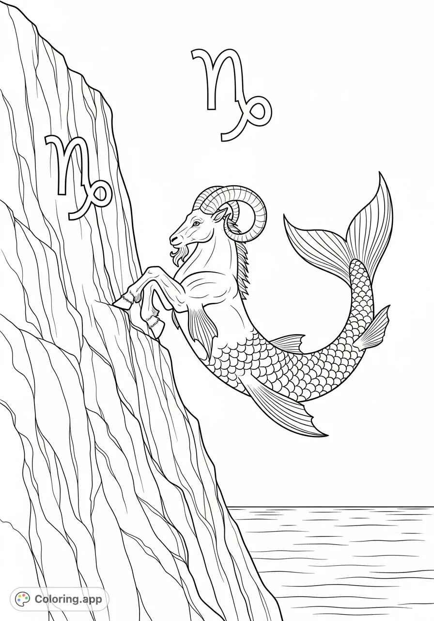 Witness a majestic Capricorn sea-goat's determined ascent on a rugged cliff, its scaly tail flexing as it climbs towards a zodiac symbol.