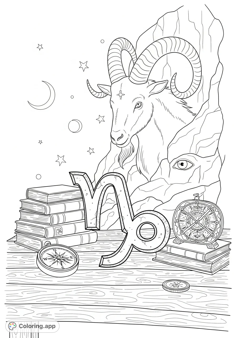 An intricate Capricorn coloring page featuring the distinctive iron symbol, trait-representing objects, and a powerful sea-goat silhouette emerging from a rocky alcove.
