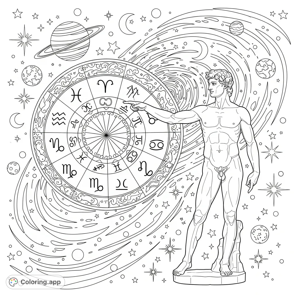 An elegant classical nude male figure points to a detailed zodiac wheel set against a breathtaking cosmic backdrop of swirling galaxies, stars, and planets.