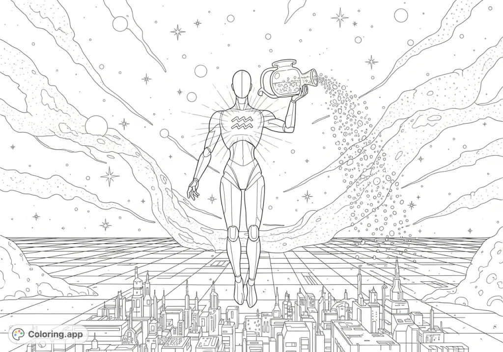 Color a futuristic Aquarius water bearer floating among cosmic dust and stars, holding a glowing vessel. Discover a complex grid city below in this innovative sci-fi scene.