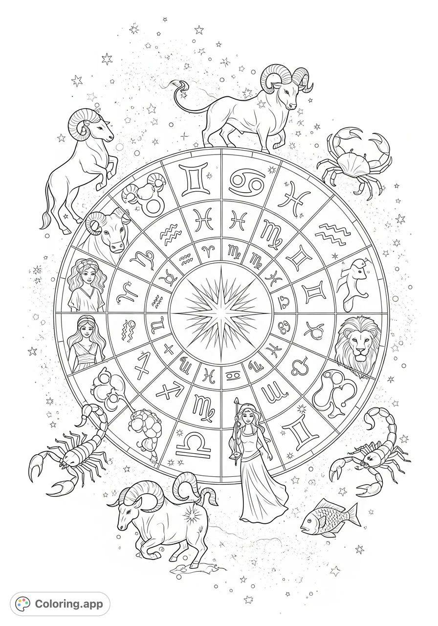Explore the cosmos with this detailed celestial map featuring all twelve zodiac signs and their creatures encircling a luminous central star, with symbols etched into cosmic dust.