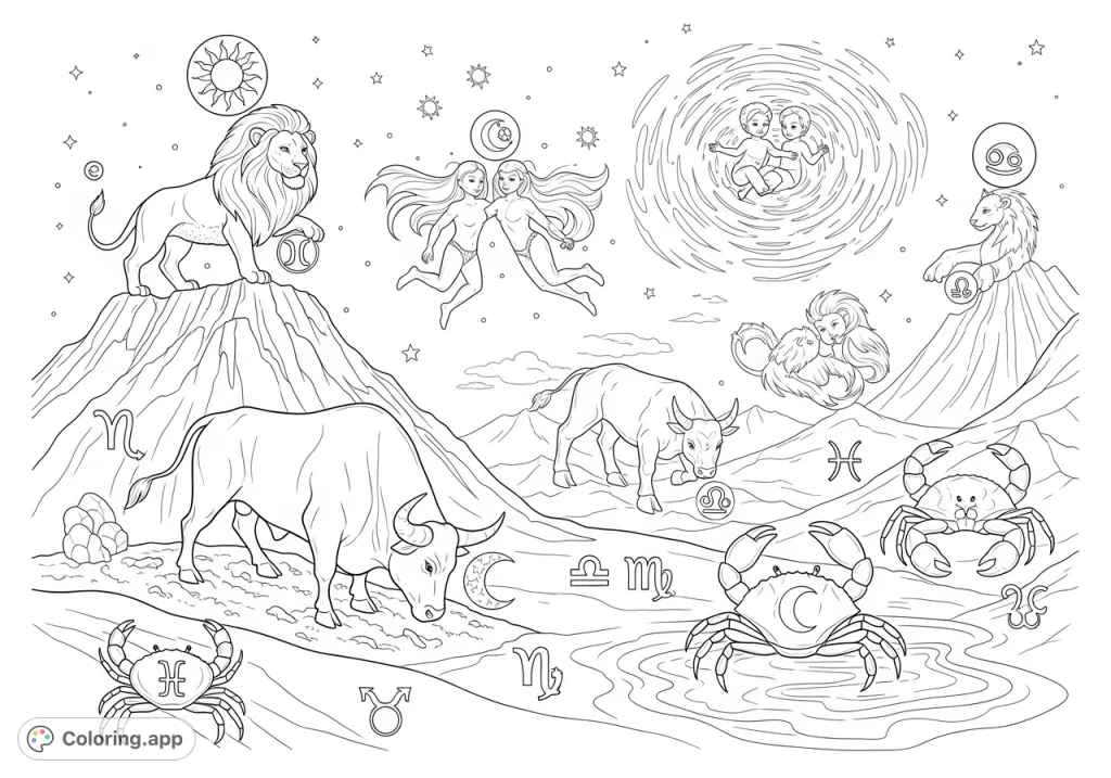 Explore a celestial realm where all twelve zodiac creatures converge amidst a vibrant cosmic landscape, each with its planetary and zodiac symbols. A challenging zodiac coloring page!