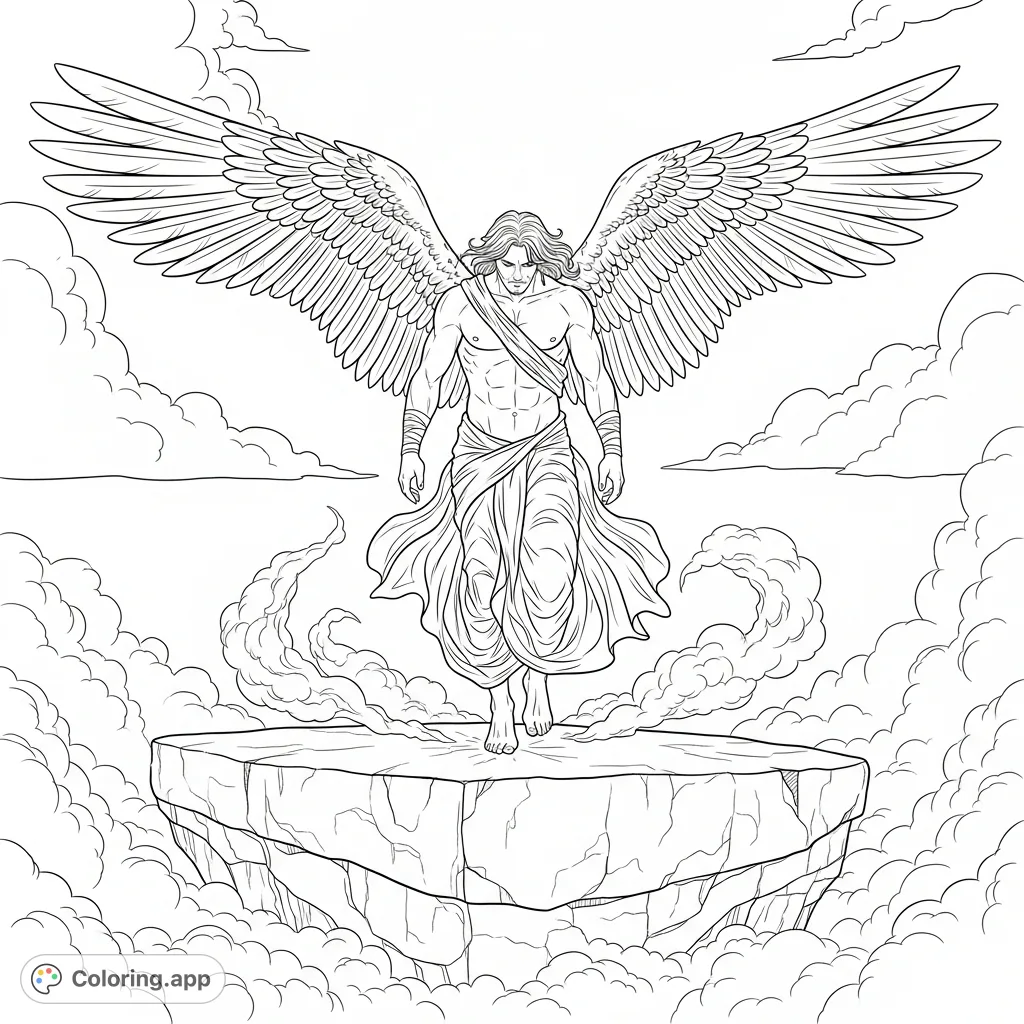 Capture the powerful moment of a majestic angel descending onto an ancient stone altar amidst swirling fog and intricate feathered wings. A captivating fantasy scene.