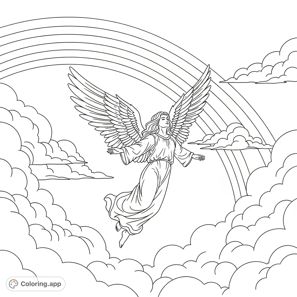 A majestic angel with grand wings gracefully flies through a celestial sky, surrounded by soft clouds and a vibrant rainbow, perfect for serene coloring.