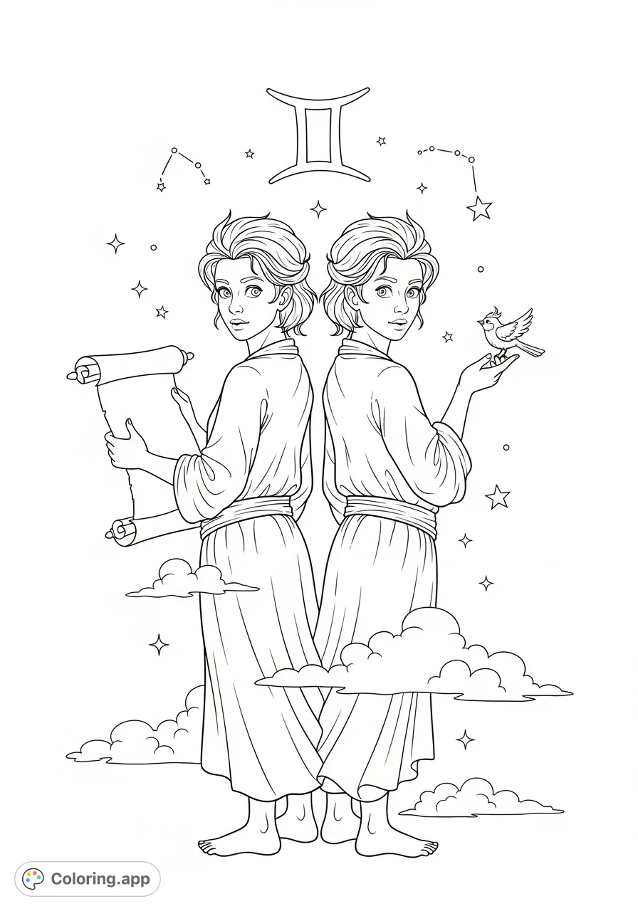 Discover this captivating Gemini coloring page featuring identical twins, one with a scroll and another with a bird, beneath the iconic ♊ symbol. A detailed free printable coloring page.