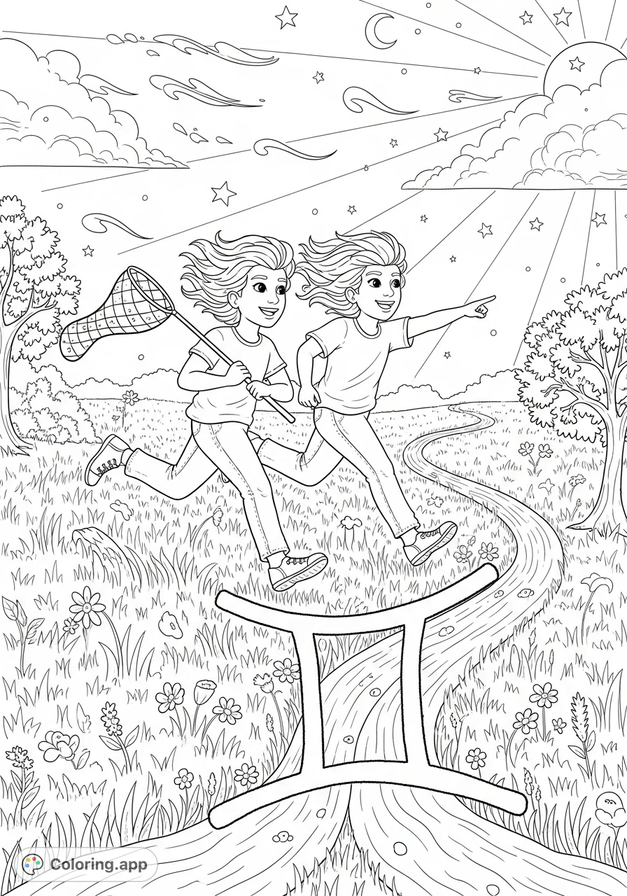 A dynamic Gemini twins coloring page, featuring two lively figures racing through a sun-dappled meadow with wildflowers, their path forming the Gemini symbol.