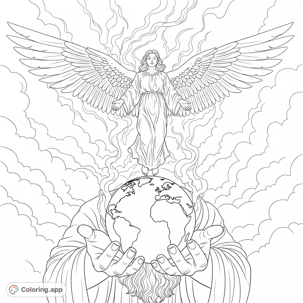 An ethereal God and World coloring page featuring majestic hands cradling the Earth and a detailed angel descending through swirling fog. Perfect for adults.