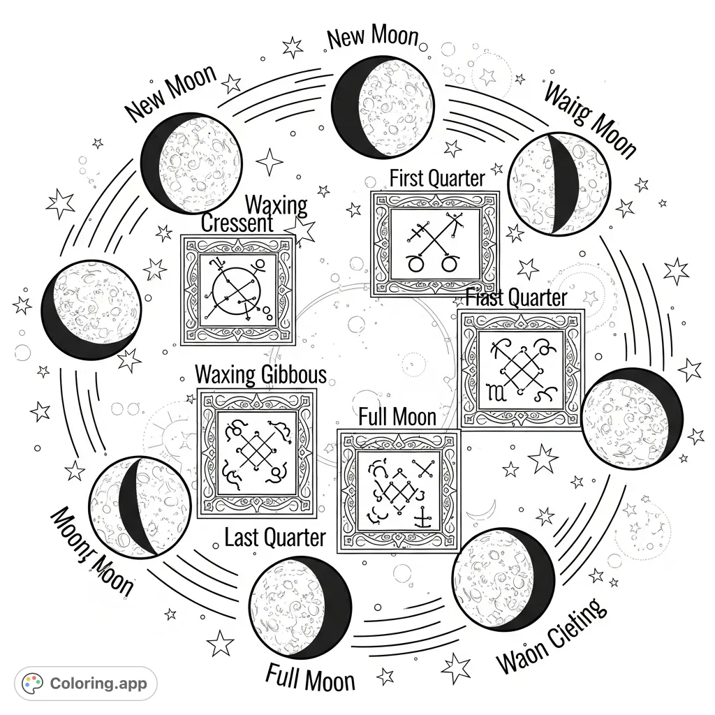 Explore the celestial ballet of moon phases, each paired with its astrological significance. A cosmic journey for reflection and coloring.