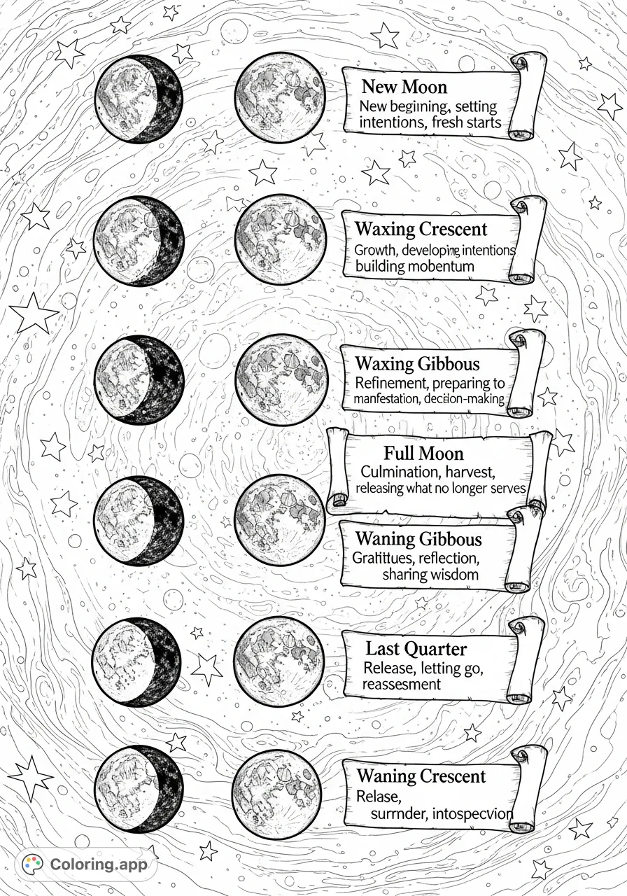 Explore the mystical journey of the moon with this detailed coloring page, illustrating all eight phases and their astrological significance for reflection.