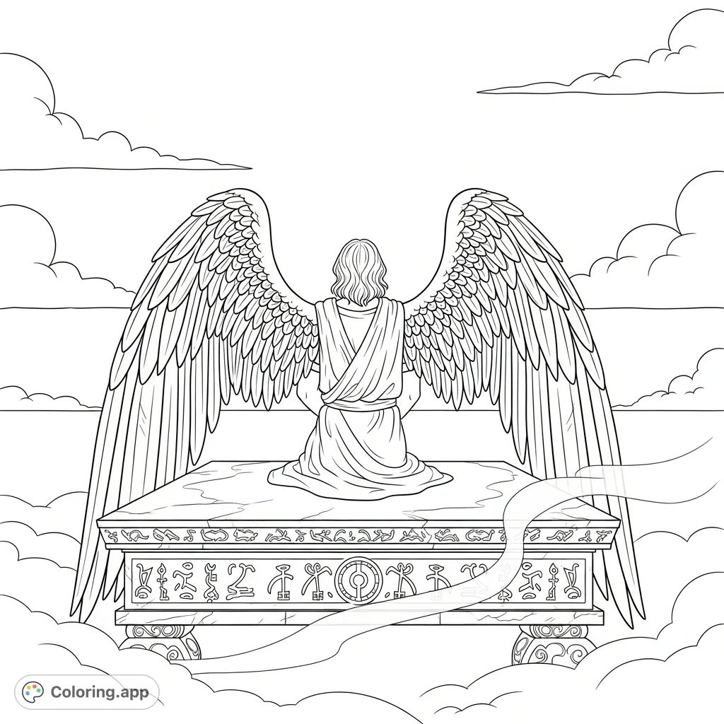 A powerful angel kneels on an ancient stone altar, wings partially folded, contemplating a distant horizon amidst a vast, empty sky and ethereal mist.