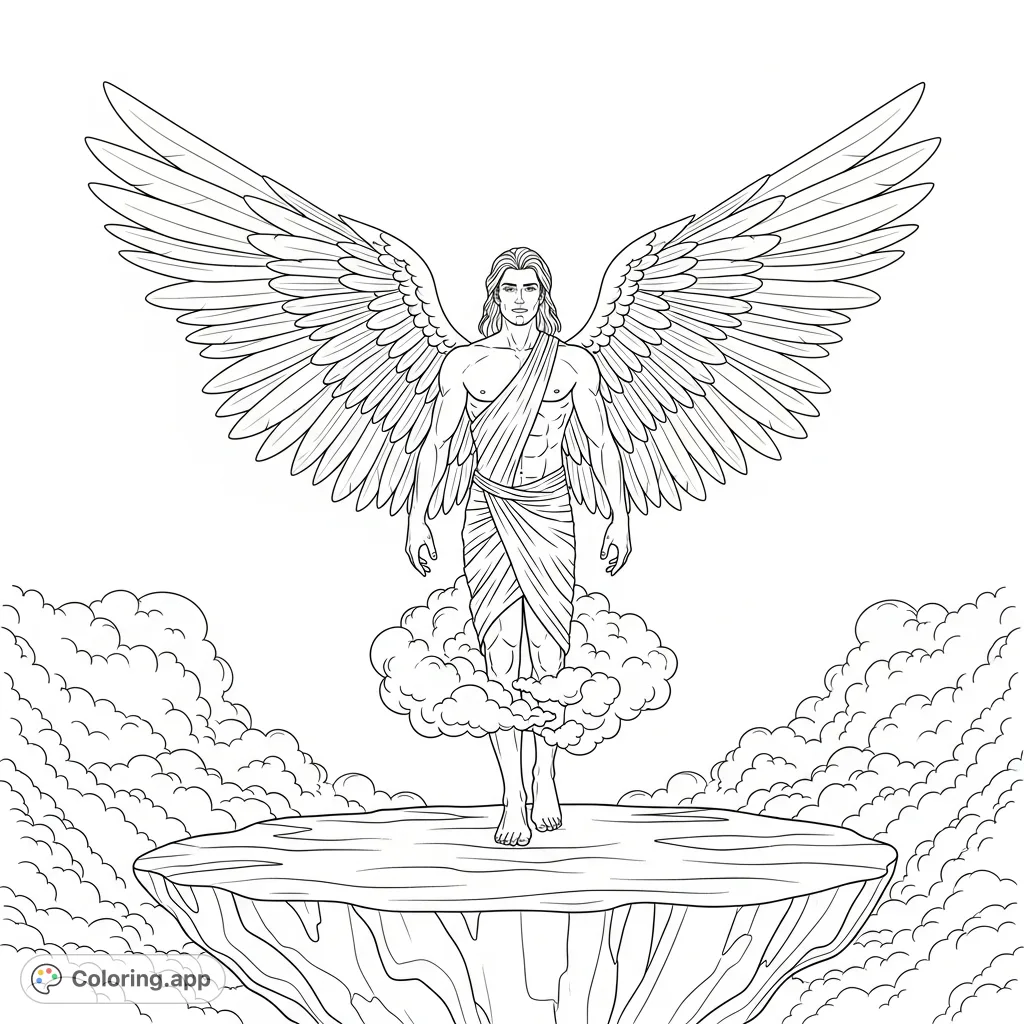 Color a powerful male angel with chiseled features and majestic wings, standing on a polished rock plateau amidst swirling clouds. A captivating fantasy angel coloring page for adults.