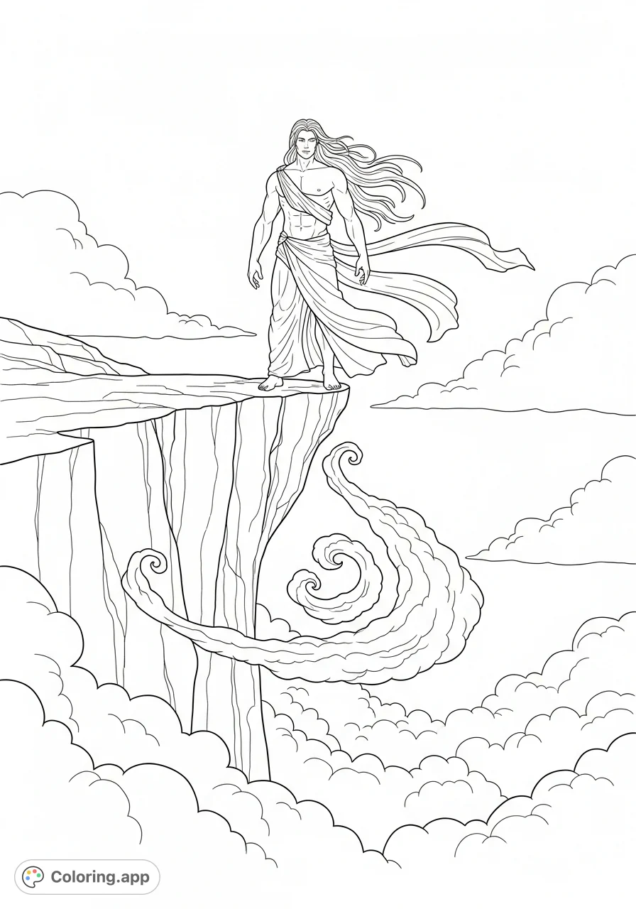 An ethereal angel stands on a jagged rock, his flowing fabric and long hair caught in the wind. Swirling mists embrace the base, hinting at a celestial descent.