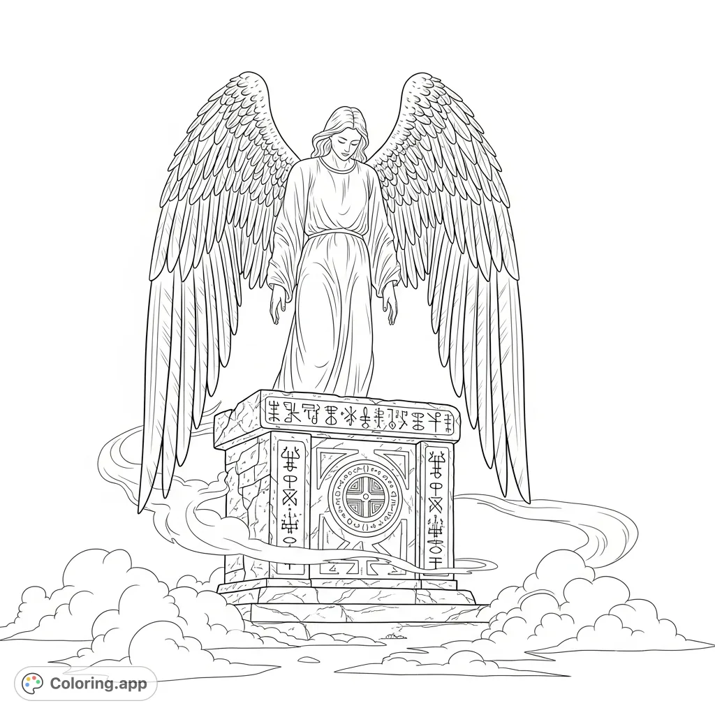 Witness a majestic angel with meticulously feathered wings gracefully descending onto an ancient, carved stone altar amidst swirling ethereal fog. An awe-inspiring celestial scene.
