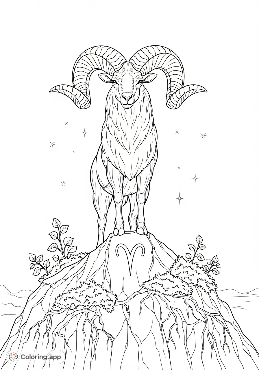 Unleash your creativity with this magnificent Aries ram coloring page, standing proudly on a rugged peak with its iconic symbol carved into the rock, embodying strength.
